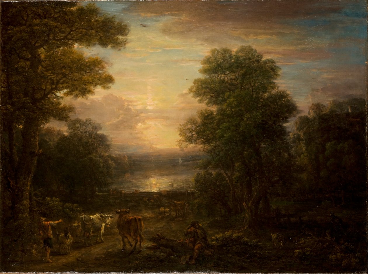 Drovers e seu gado ao nascer do sol de John Wootton