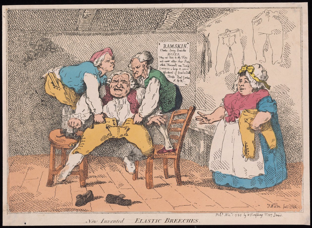 New Invented - Elastic Breeches, pub. 1784 (gravura colorida à mão) de John after Nixon