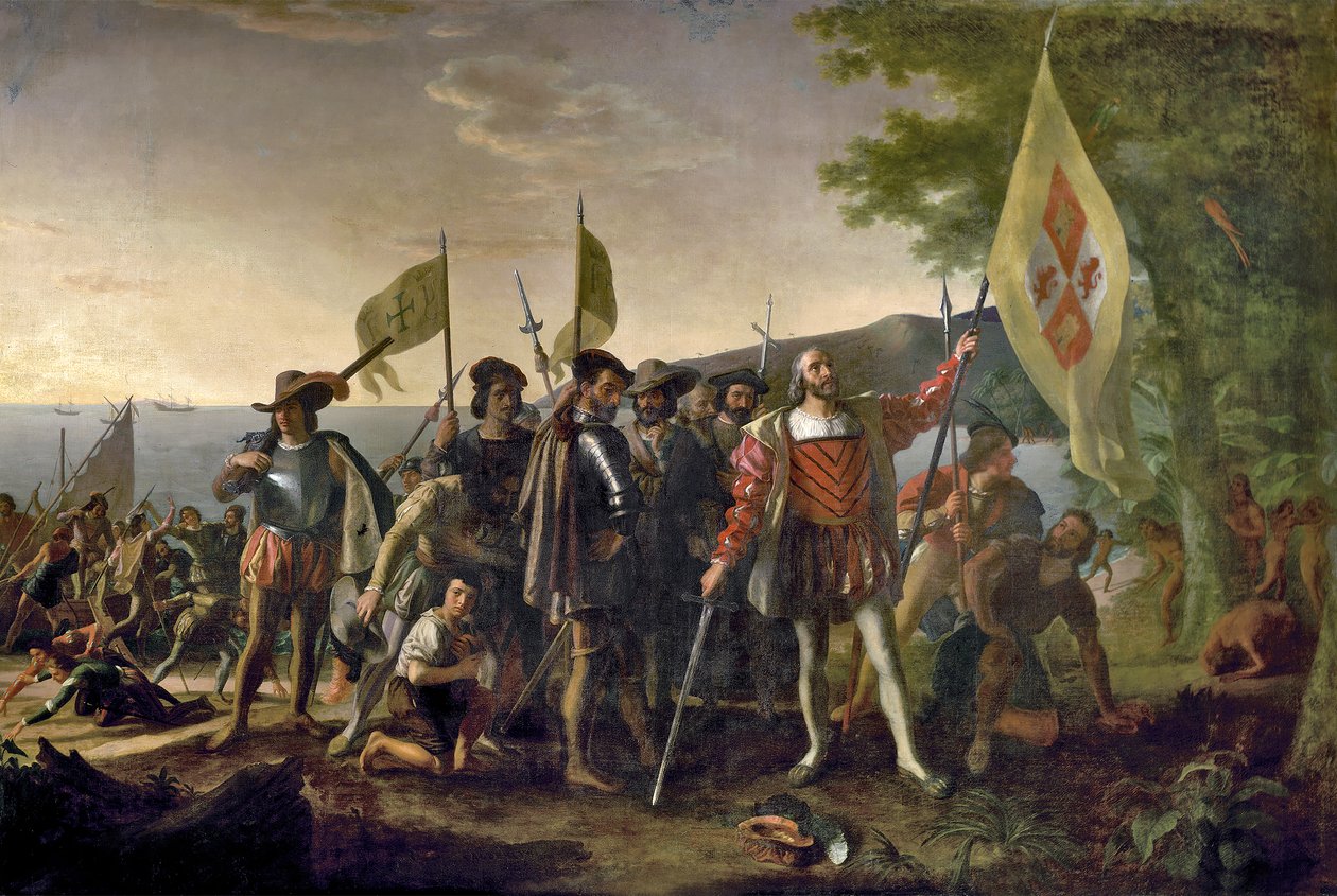 Christopher Columbus desembarque em San Salvador, Bahamas em 12 de outubro de 1492, pub. 1825 de John after Vanderlyn