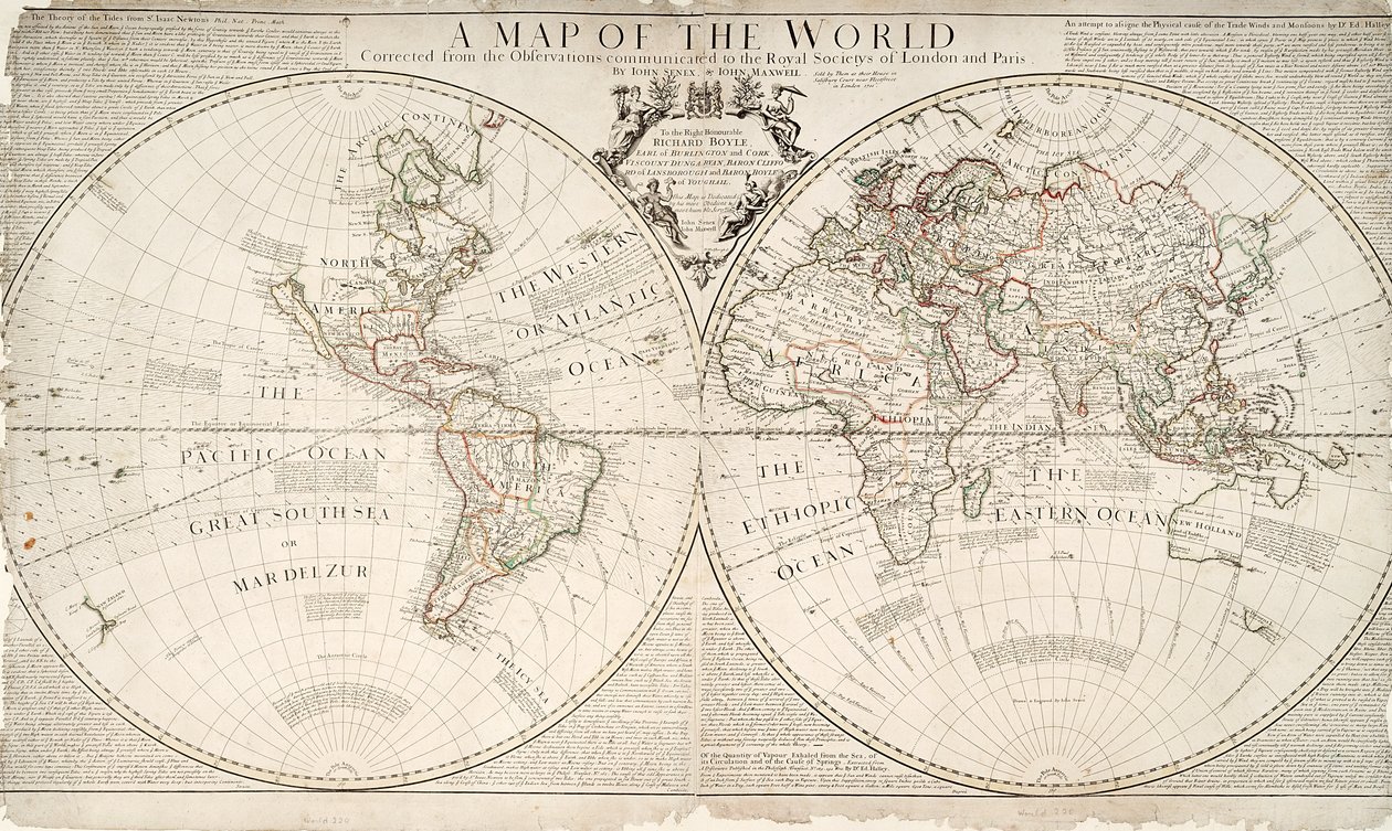 Um mapa do mundo, corrigido das observações comunicadas às Royal Societies de Londres e Paris, ao honrado Richard Boyle, 1711 (gravura a cores) de John Senex