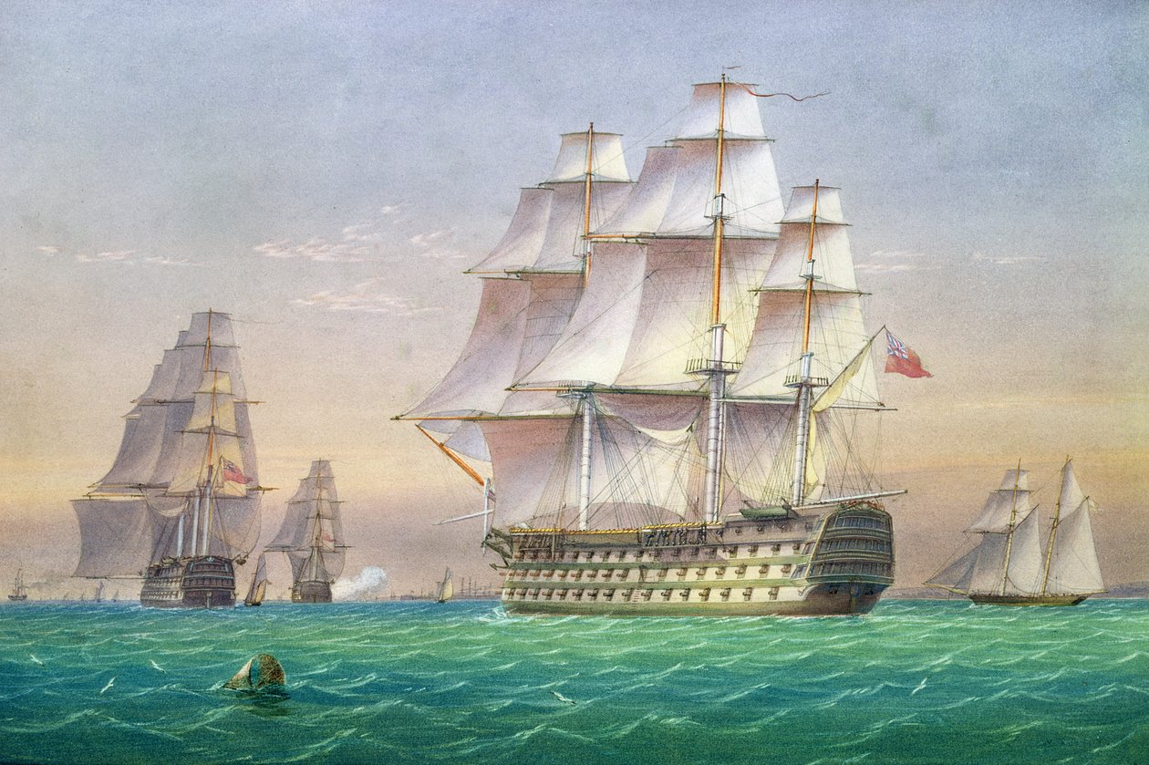 Três navios de primeira linha da linha que entra no porto de Portsmouth de John and William Joy
