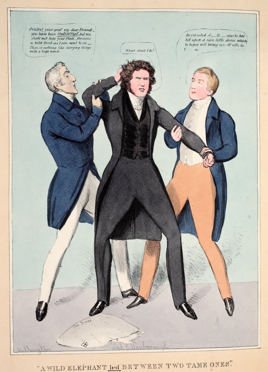 "Um Elefante Selvagem Led Entre Dois Domados", pub. 1830 (gravura colorida à mão) de John  Doyle