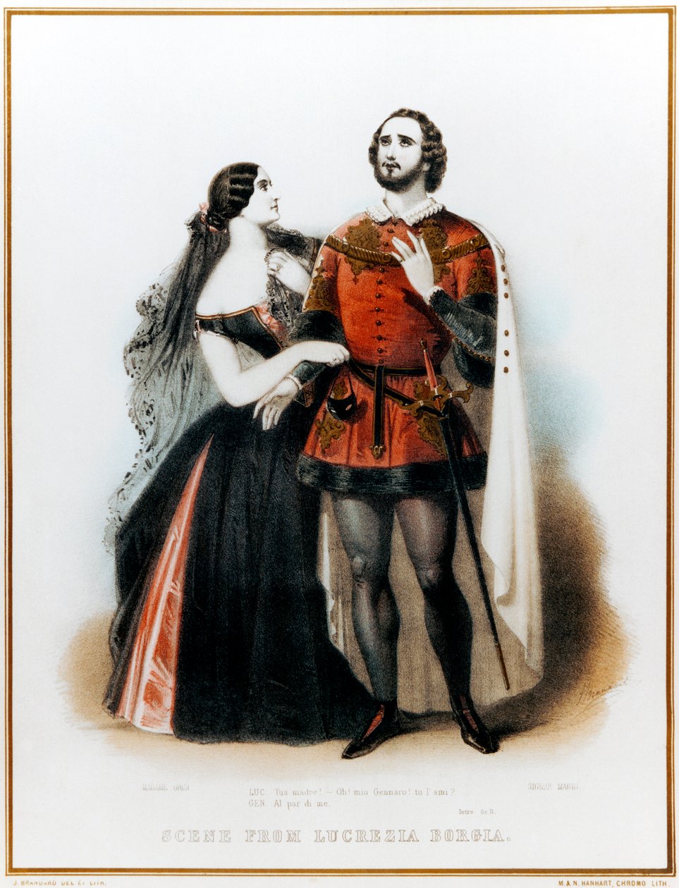 Ópera de Gaetano Donizetti Lucrezia Borgia - Introdução à Cena II com Mario (tenor italiano: 1810-1883) e Grisi (1811-1869) em Londres, produção teatral HM, 6 de Junho de 1839 de John (after) Brandard