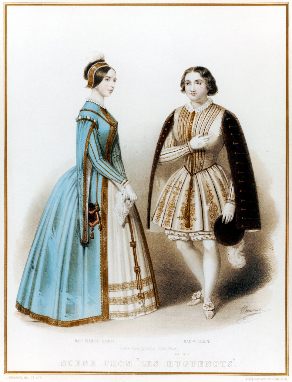 Pauline Viardot-Garcia , mezzo-soprano francês e compositor de nascimento espanhol, & Marietta Alboni , contralto italiano, em Acto I, Cena 9 de Les Huguenots de Meyerbeer de John (after) Brandard