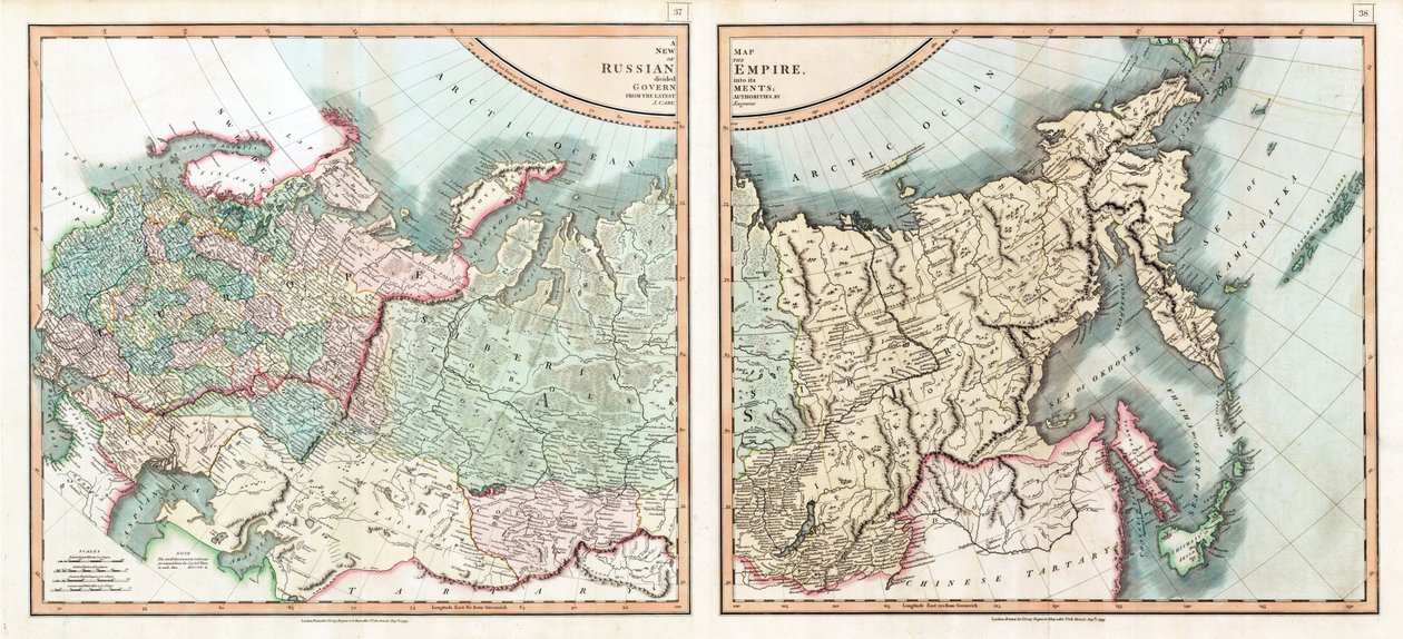 Mapa do Império Russo Dividido em seus Governos por Cary, João (c. 1754-1835). Gravura, aguarela de John (after) Cary
