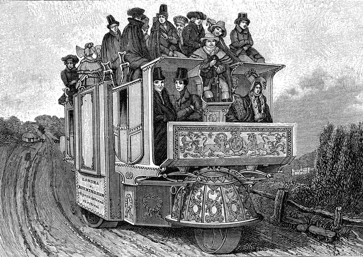 Carro mecânico de três rodas do Dr. William Church (ca. 1778-1863), construído em Birmingham em 1833 (Inglaterra). Gravura de 1895 de John (after) Cooke
