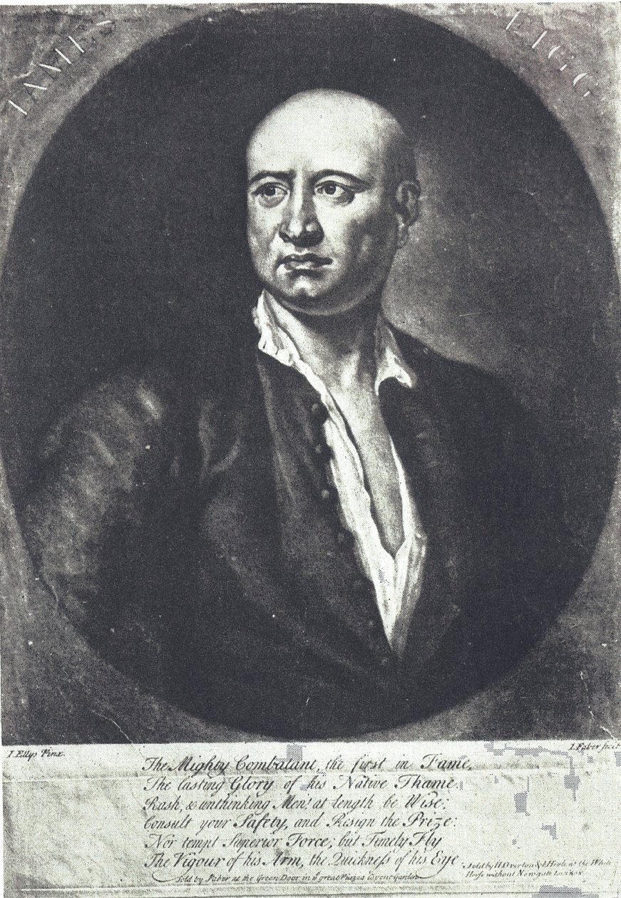 James Figg, primeiro campeão inglês de boxe descalço, morreu em 1734 (gravura) de John (after) Ellys