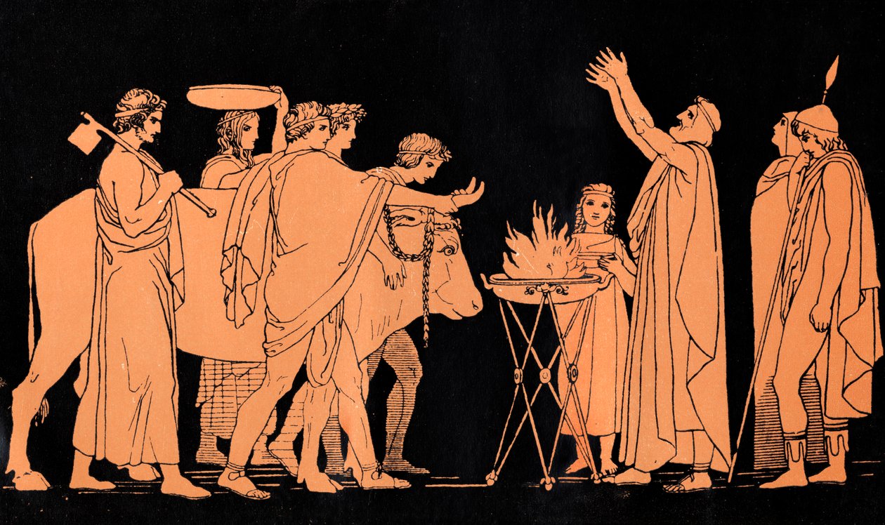 Nestor, rei de Pylos e antigo guerreiro na Guerra de Troia, sacrifica touros a Poseidon, cena de "A Odisseia" de Homero (gravura) de John (after) Flaxman