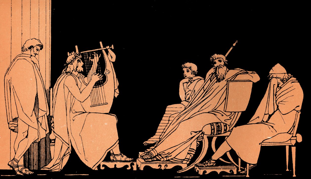 Odisseu chora ao ouvir o canto de Demodocus, Odisseia de Homero, segundo Flaxman (gravura) de John (after) Flaxman