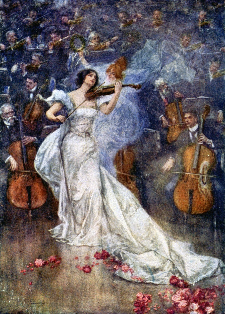 Música. Um concerto de violino. Ilustração de Gulich, República Checa, c.1900 (cartão postal) de John (after) Gulich
