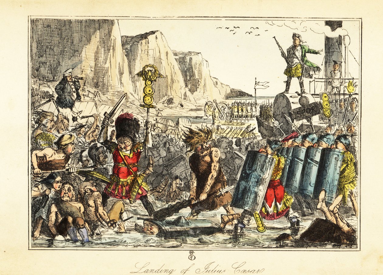 Um porta-estandarte da 10ª legião em pele de urso conduz a infantaria romana para uma praia em Sandwich, 54BC de John (after) Leech