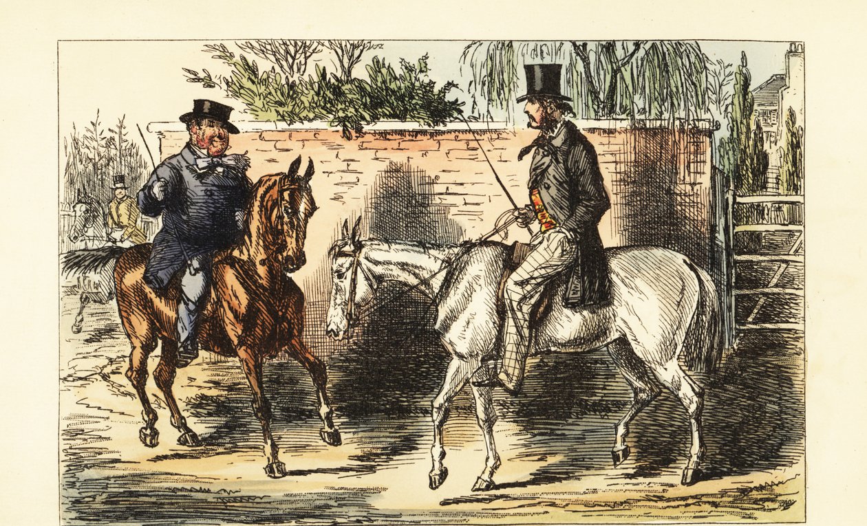 Cavalheiro inglês em um velho chato rejeitado por um homem em um cavalo de baía de John (after) Leech