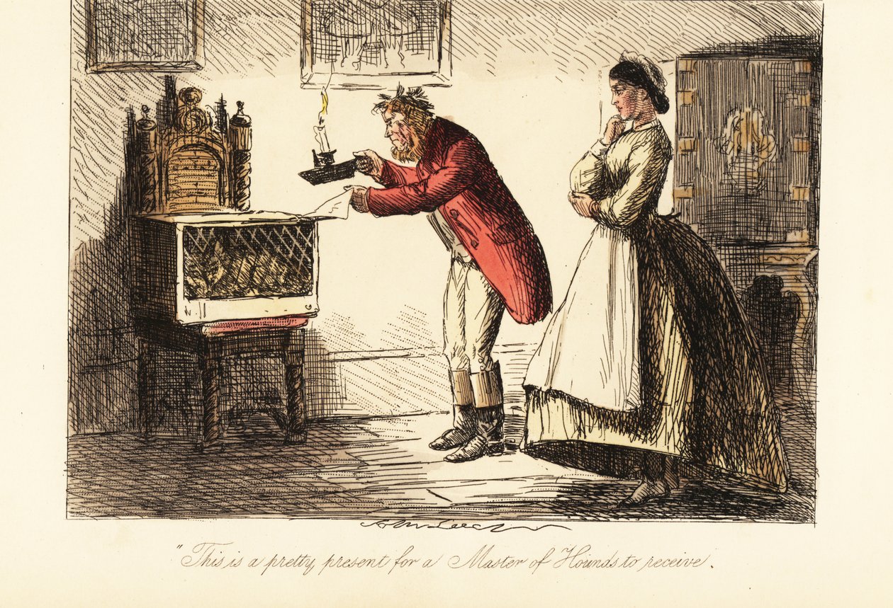 Caçador inglês a caçar rosas e botas a examinar uma raposa numa gaiola à luz de velas de John (after) Leech