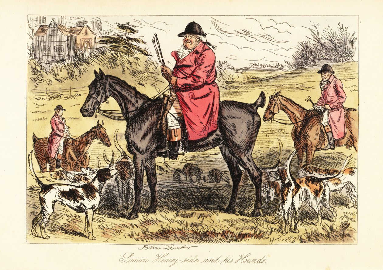 Caçador inglês em caçar rosas sentado num cavalo com uma matilha de cães de caça de John (after) Leech