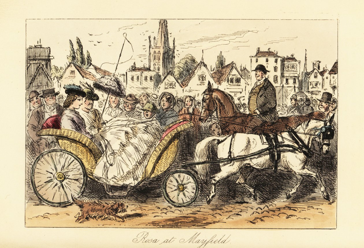Mulher inglesa de vestido de crinolina com guarda-sol a conduzir um carro de cestos puxado por pónei pelas ruas movimentadas de uma pequena cidade de John (after) Leech