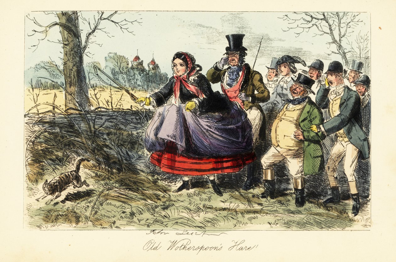Mulher inglesa com saia de crinolina a tentar apanhar um gato durante uma caça à lebre de John (after) Leech