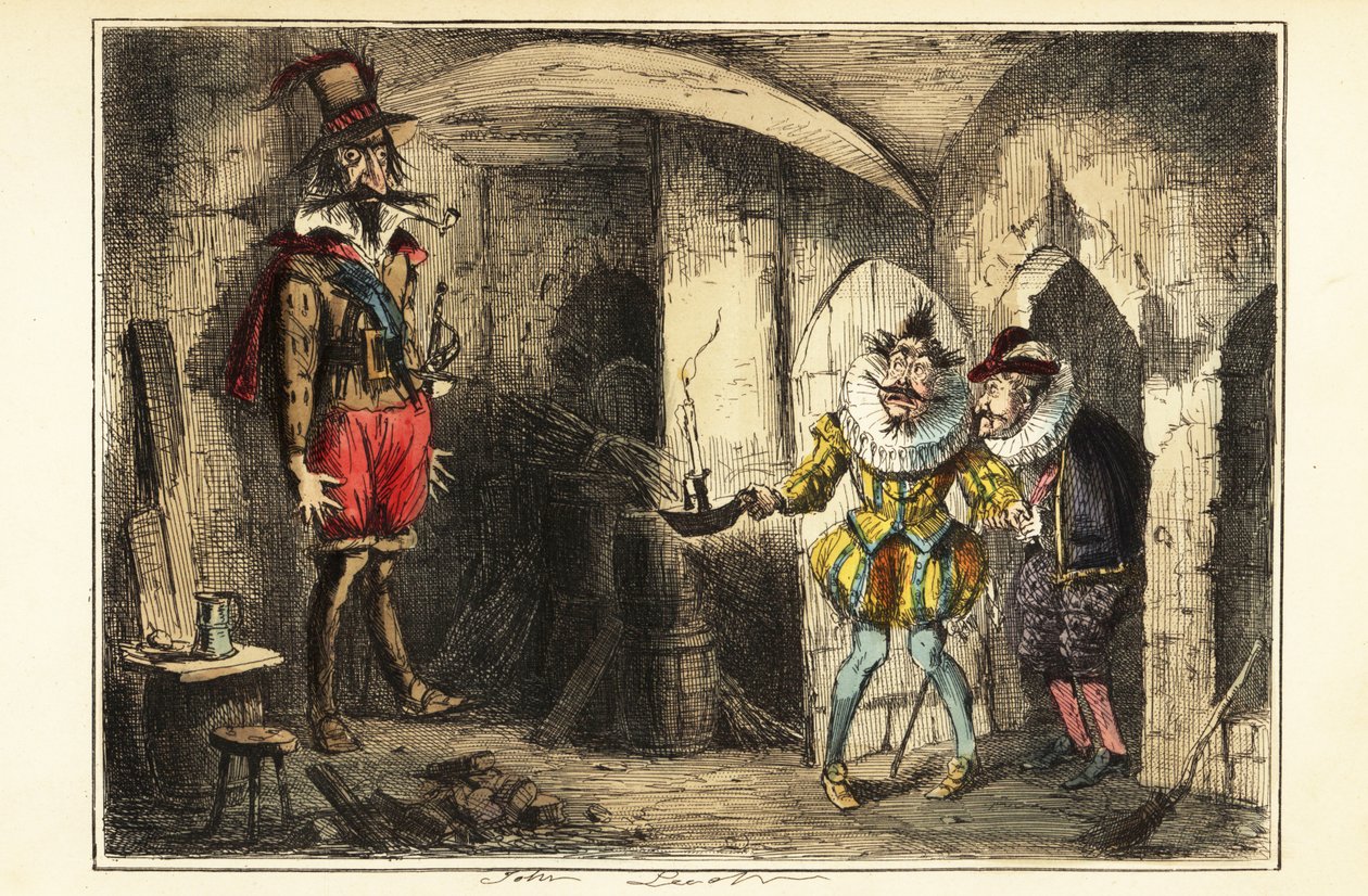 Guy Fawkes, líder do Lote da Pólvora, apanhado na cave das Câmaras do Parlamento, 5 de Novembro de 1604 de John (after) Leech