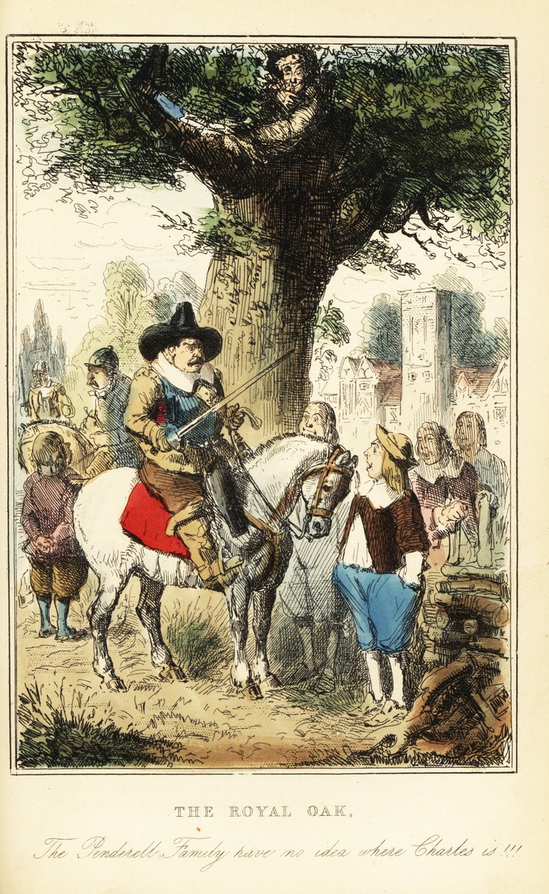 Rei Carlos II escondendo um carvalho em Boscobel Wood, após a Batalha de Worcester de John (after) Leech