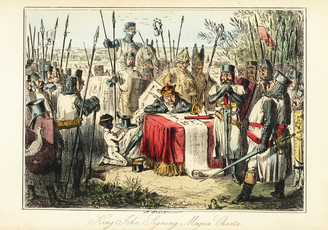 Rei João rodeado de barões e bispos assinando a Carta Magna em Runnymede de John (after) Leech