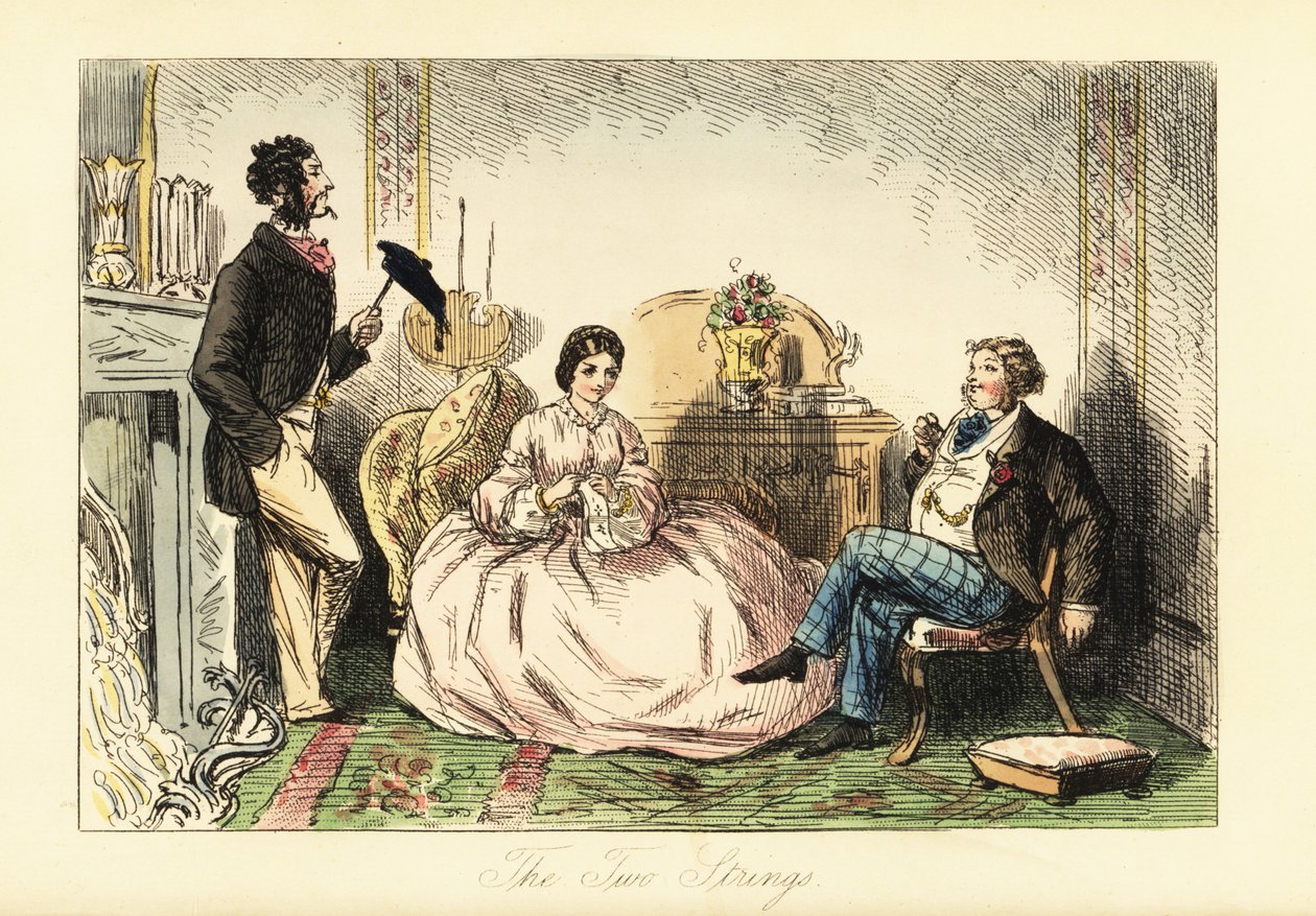 Senhora em vestido de crinolina com dois cavalheiros que telefonam numa sala de estar. de John (after) Leech