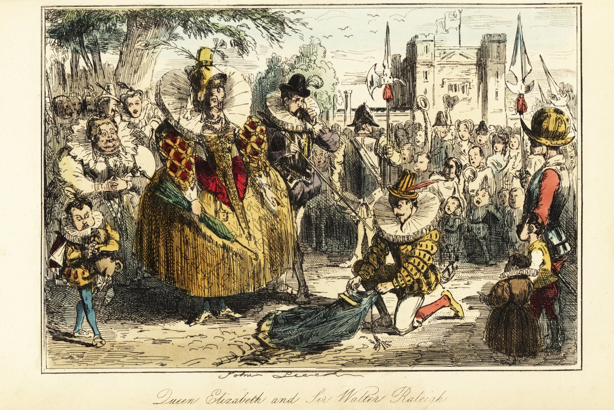 Sir Walter Raleigh a colocar a sua capa sobre uma poça para a Rainha Elizabeth I em Greenwich. de John (after) Leech