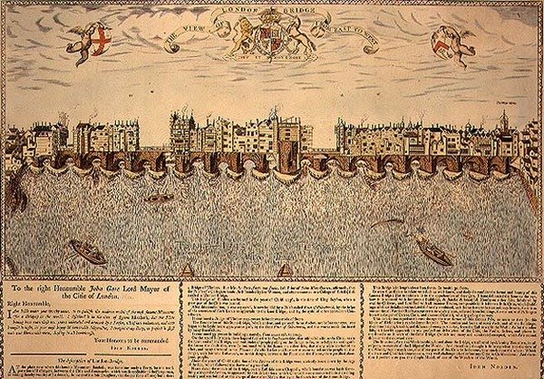 A Vista da Ponte de Londres de Leste a Oeste, reimpressão de uma gravura de 1624 de John (after) Norden