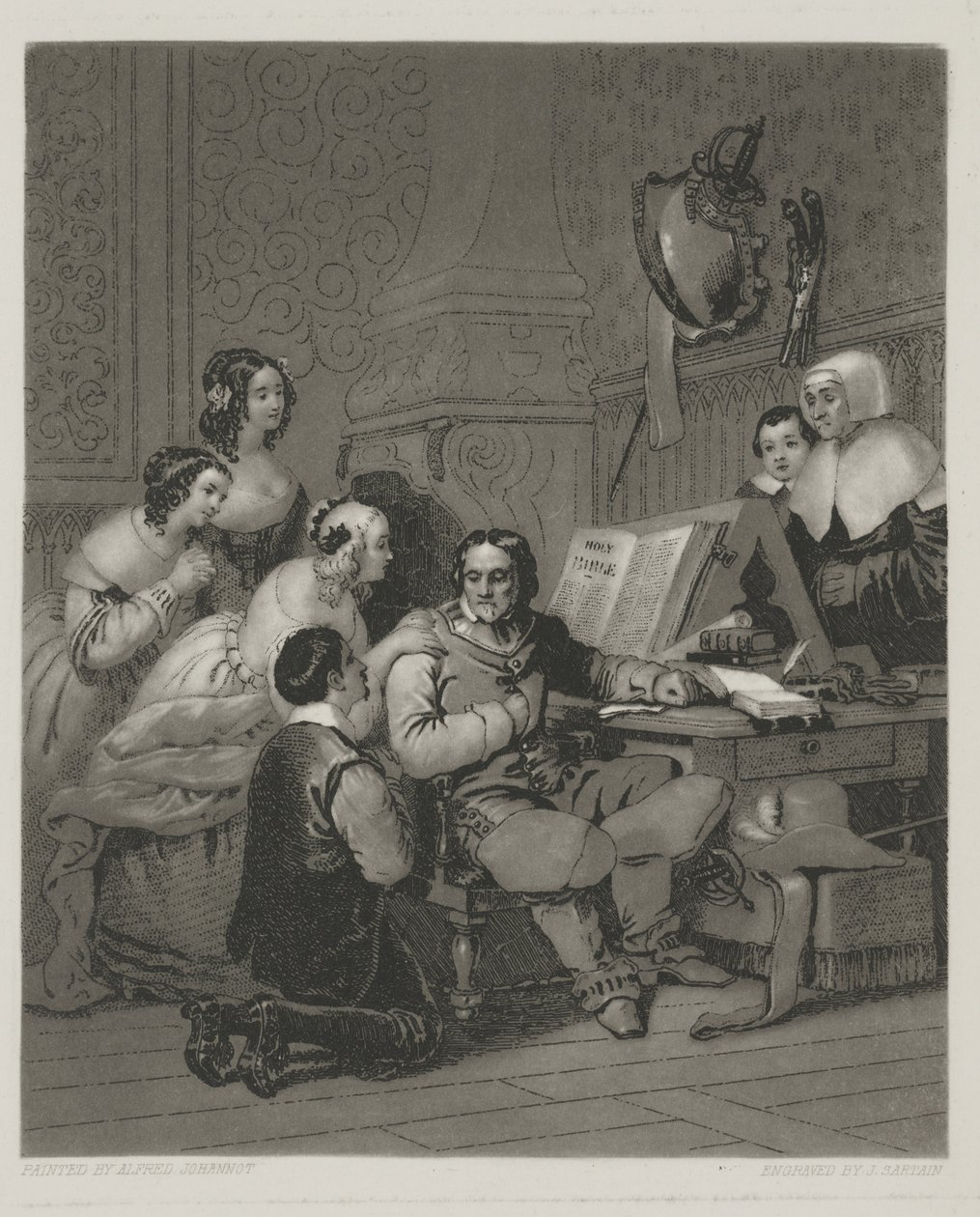 A Família de Cromwell Intercedendo pela Vida de Carlos I, impressão feita por Alfred Johannot (mezzotint) de John (after) Sartain