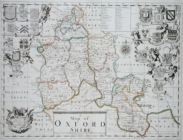 Mapa de Oxfordshire, gravado e colorido à mão por John Oliver e Richard Palmer, publicado por Philip Lea, c.1690 (gravação a cores) de John (after) Sellar