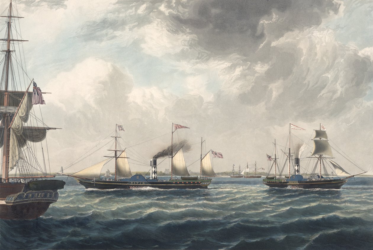 Os navios a vapor "Vivid" e "Waterwitch" ao largo de Orfordness, gravado por R. G. Reeve (água-tinta colorida) de John (after) Ward