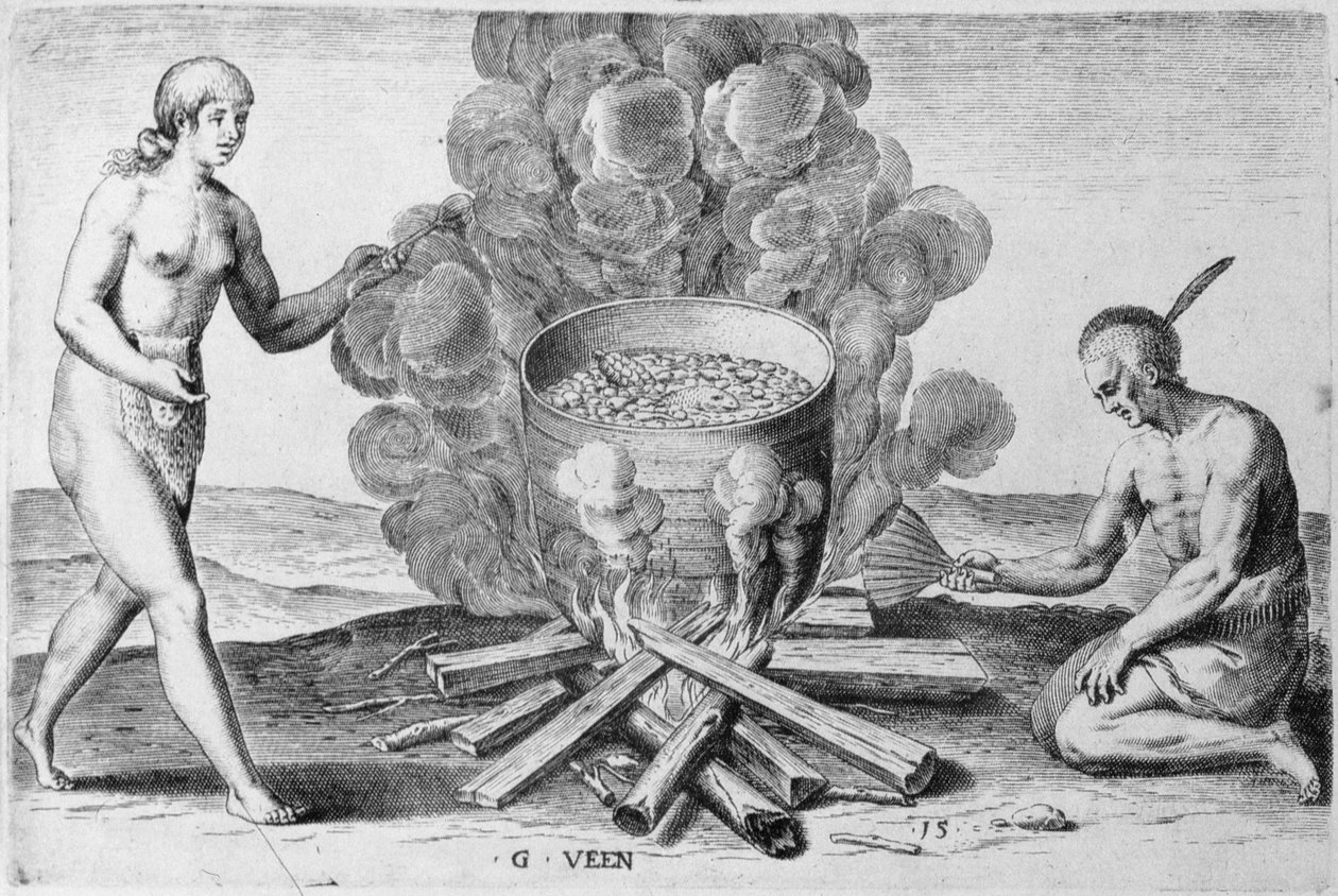 Cozinhar em Pote, gravura de Gysbert van Veen (1562-1628) de John (after) White
