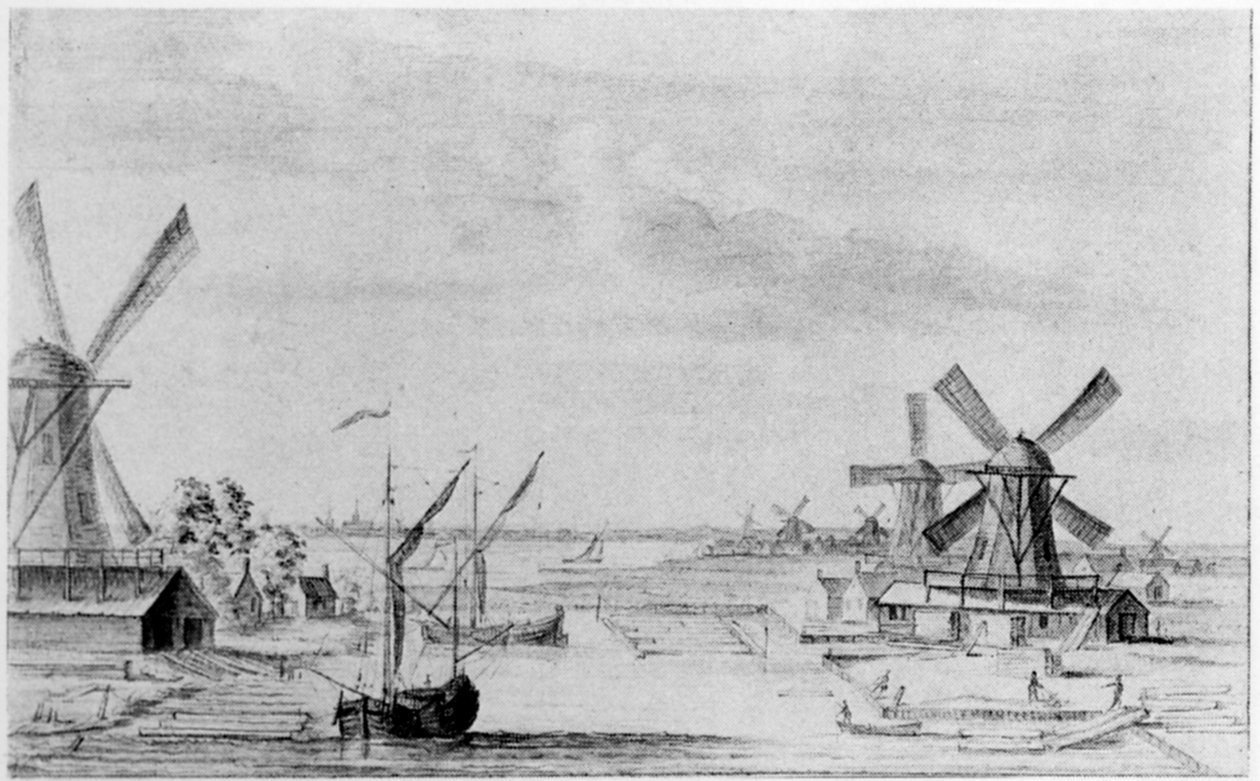 Uma vista das serrarias de madeira em Zaan, além da cidade de Zaandam (lápis, giz e papel lavado) de John (attr. to) Greenwood