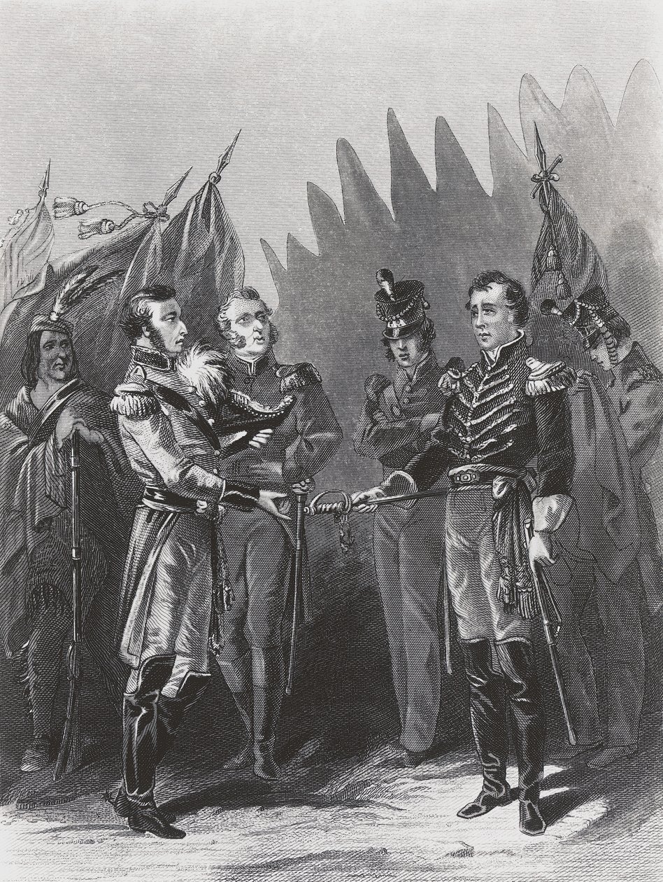 A rendição do General americano William Hull às tropas britânicas e aos guerreiros nativos americanos em Detroit, 15 de julho de Walter Charles Mills