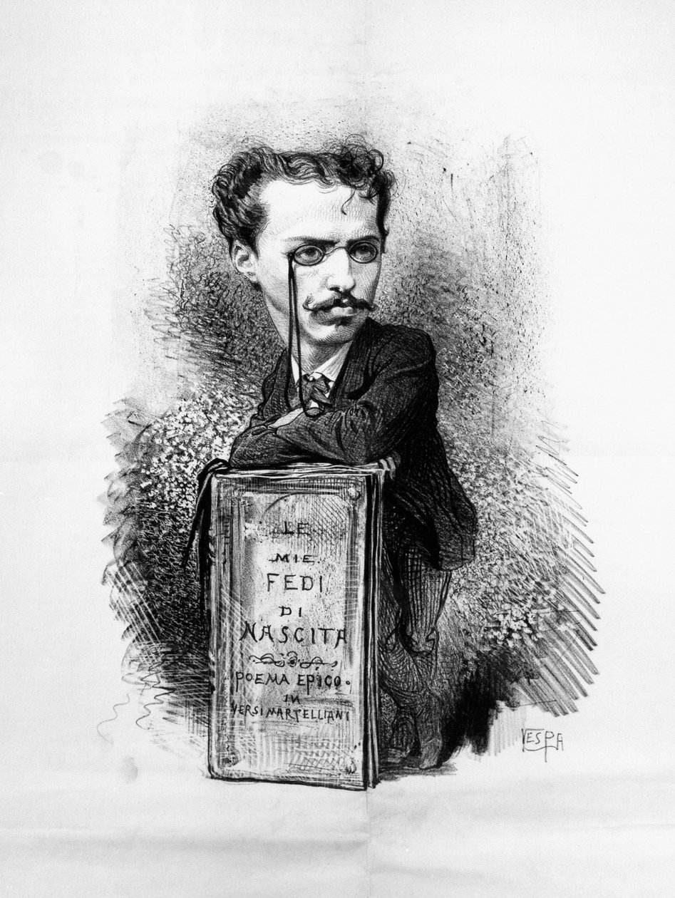 Retrato caricatural de Felice Carlo Emanuele Cavallotti (1842-1898), poeta italiano, dramaturgo, esquerdista, jornalista antimonárquico, patriota e líder político, gravura de Walter Charles Mills