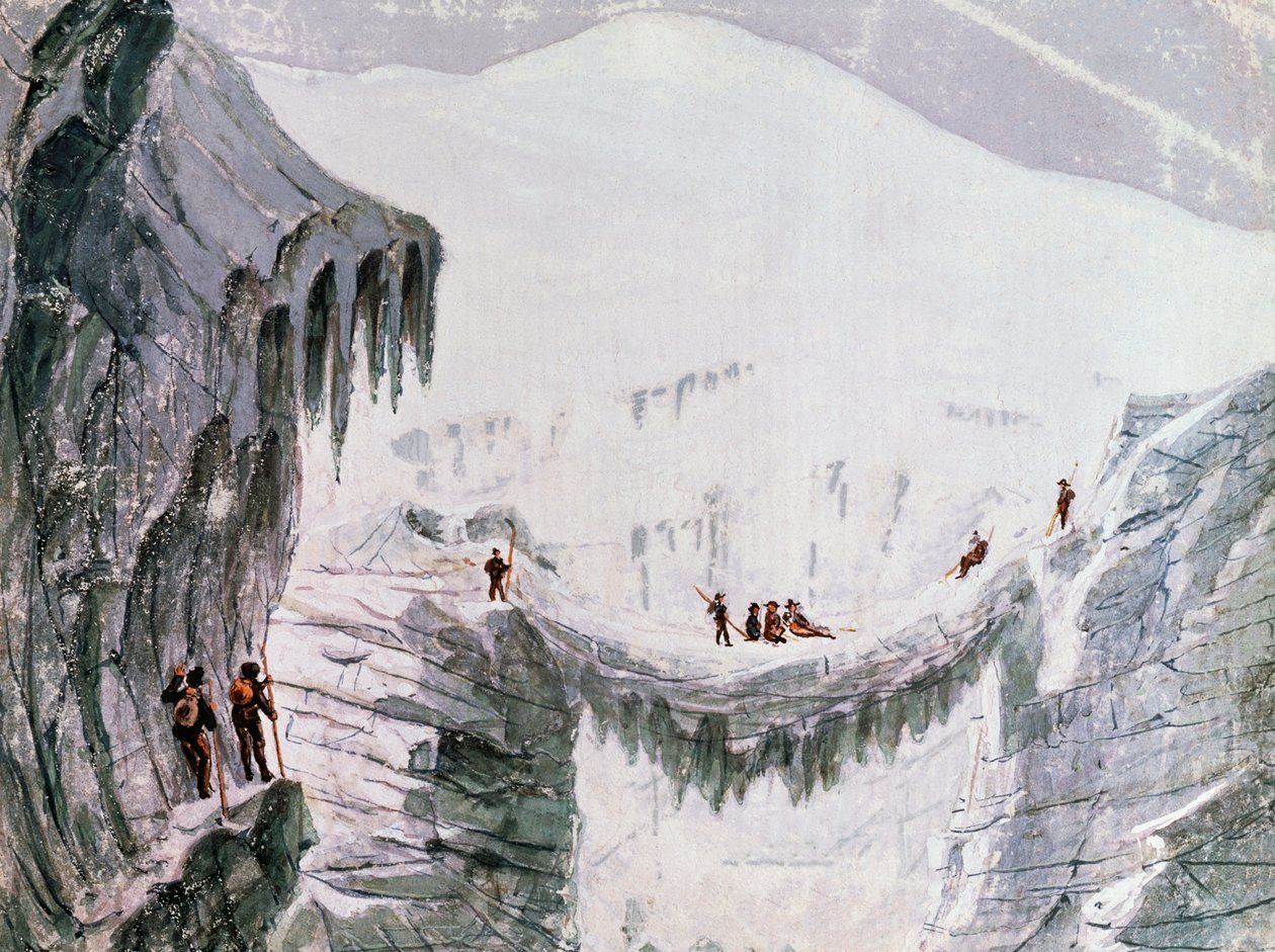 Escalada Mont Blanc, alpinistas suspensos de fenda, aguarela, França de Walter Charles Mills