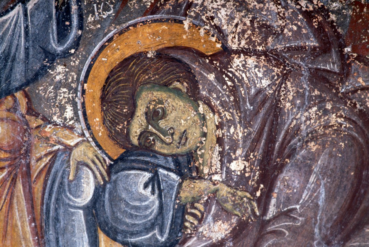 Figura de santo, de Ioannis Pagomenos, detalhe do fresco na igreja bizantina de São Jorge, Anidri, Creta, Grécia (foto) de Walter Charles Mills