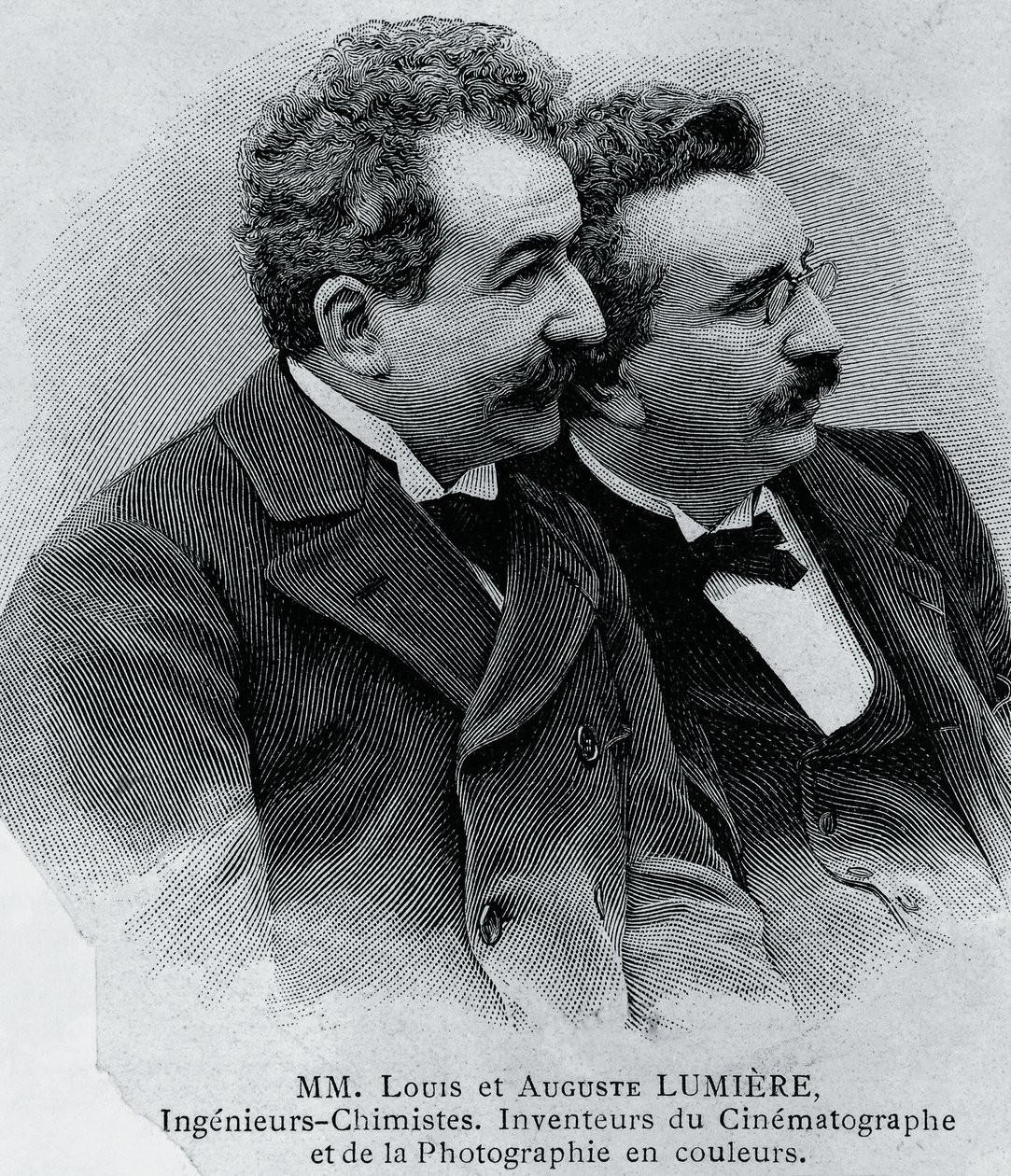 Retrato de Auguste Marie Louis Nicolas Lumiere (1862-1954) e Louis Jean Lumiere (1864-1948), empresários e inventores franceses de projetores de filme, gravura a partir de fotografia de Walter Charles Mills