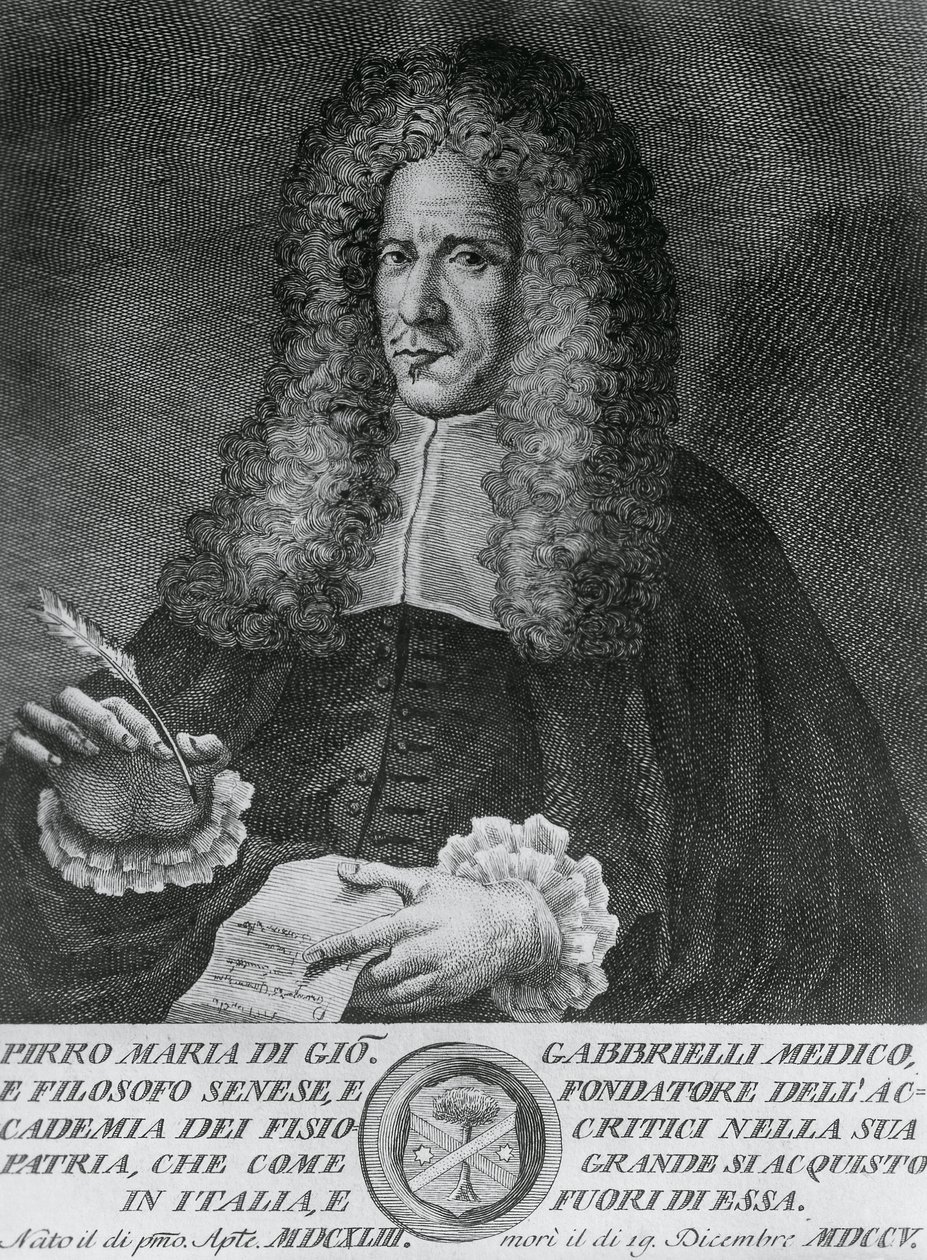 Retrato de Pirro Maria Gabbrielli (1643-1705), filósofo italiano e professor de medicina teórica e botânica, gravura de Cosimo Zocchi (ativo 1740-ca 1787) de Walter Charles Mills
