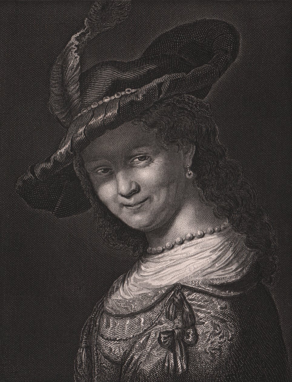 Retrato de Saskia van Uylenburgh (1612-1642), esposa de Rembrandt, gravura de L Raab de pintura de Rembrandt, da Galeria Real Dresden de Payne, de Albert Henry Payne, H Payne Dresden e Leipzig Publisher, cerca de 1840 de Walter Charles Mills