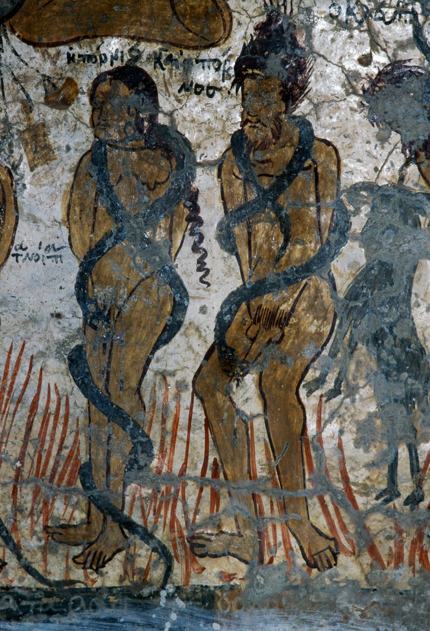 Castigo dos malditos, detalhe da igreja de Agia Paraskevi, Voutas, Creta, Grécia (foto) de Walter Charles Mills