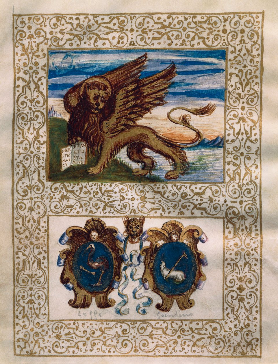 O leão alado de Veneza e os brasões de Leffe e Gandino, miniatura do Privilegio della Serenissima alla Val Gandino, 18 de junho de Walter Charles Mills