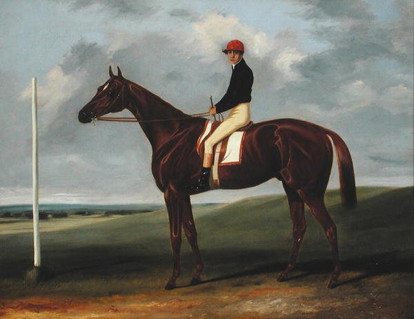 Colt de castanheiro com Jockey para cima e posto de partida (óleo sobre tela) de John Alfred Wheeler