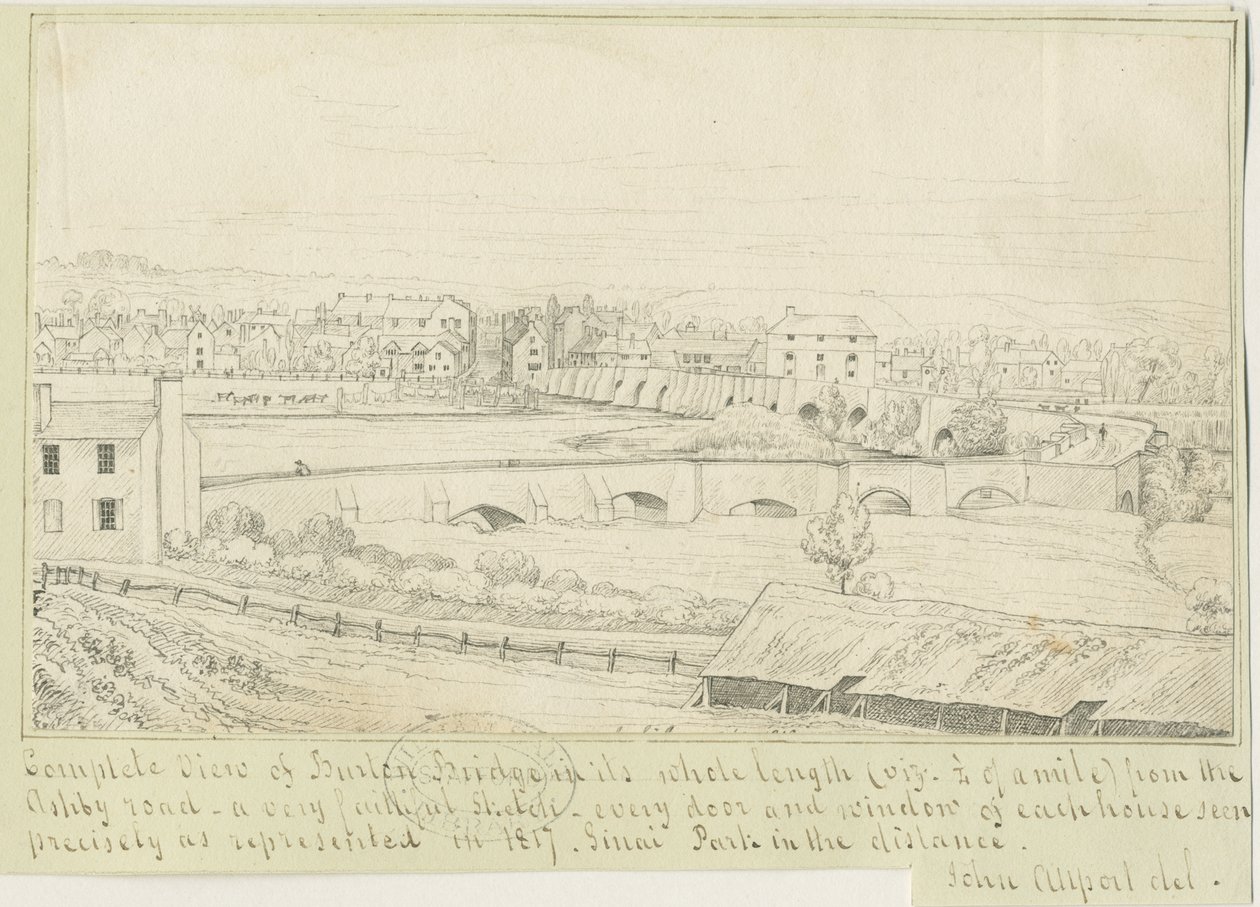 Ponte e cidade de Burton-upon-Trent: desenho a caneta, 1817 de John Allport