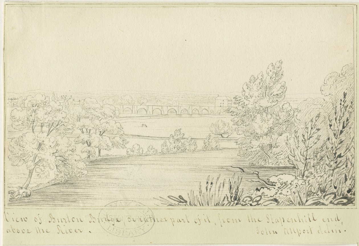 Ponte e cidade de Burton-upon-Trent: desenho a caneta, nd [c 1817] (desenho) de John Allport