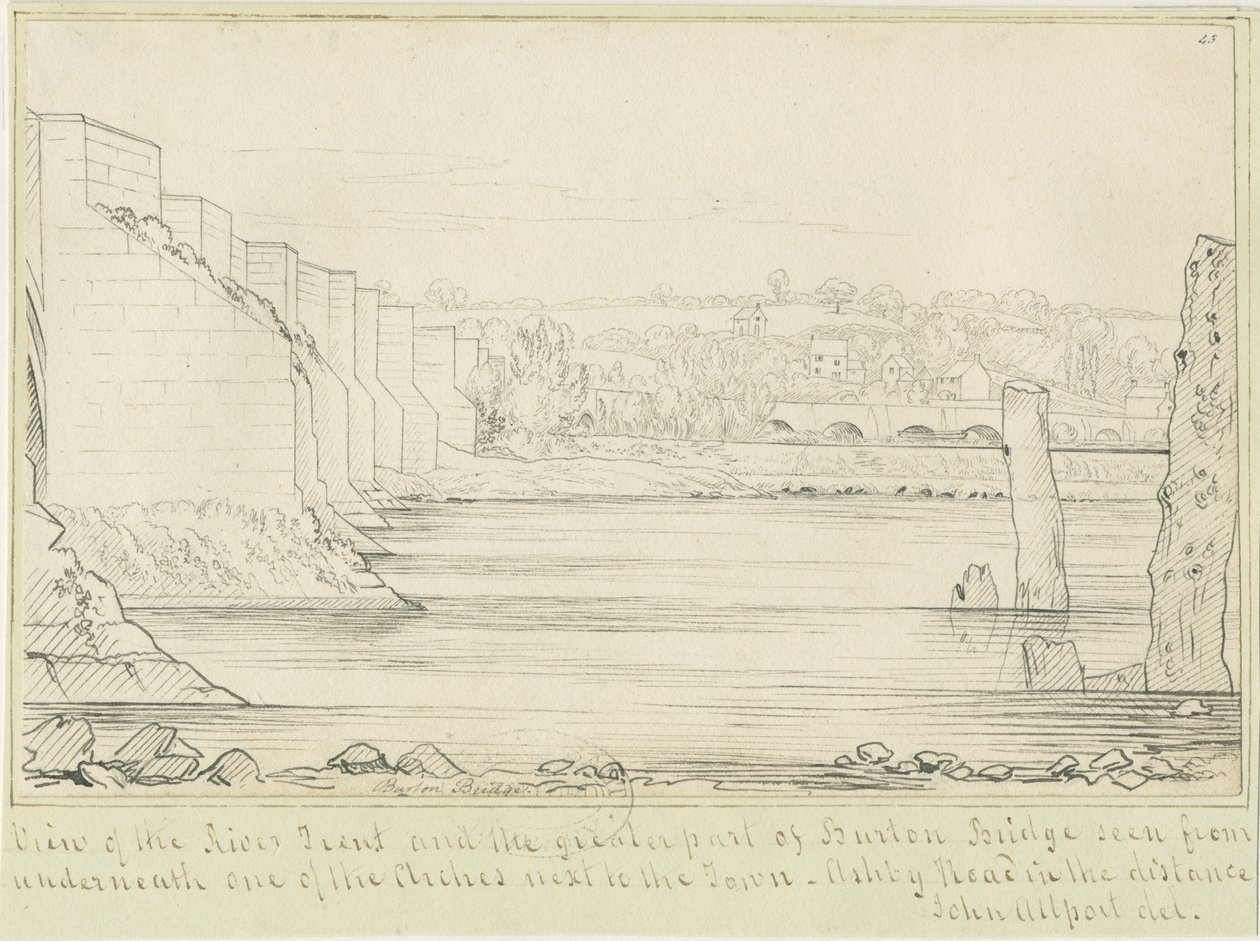 Ponte e cidade de Burton-upon-Trent: desenho a caneta, nd [c 1817] (desenho) de John Allport