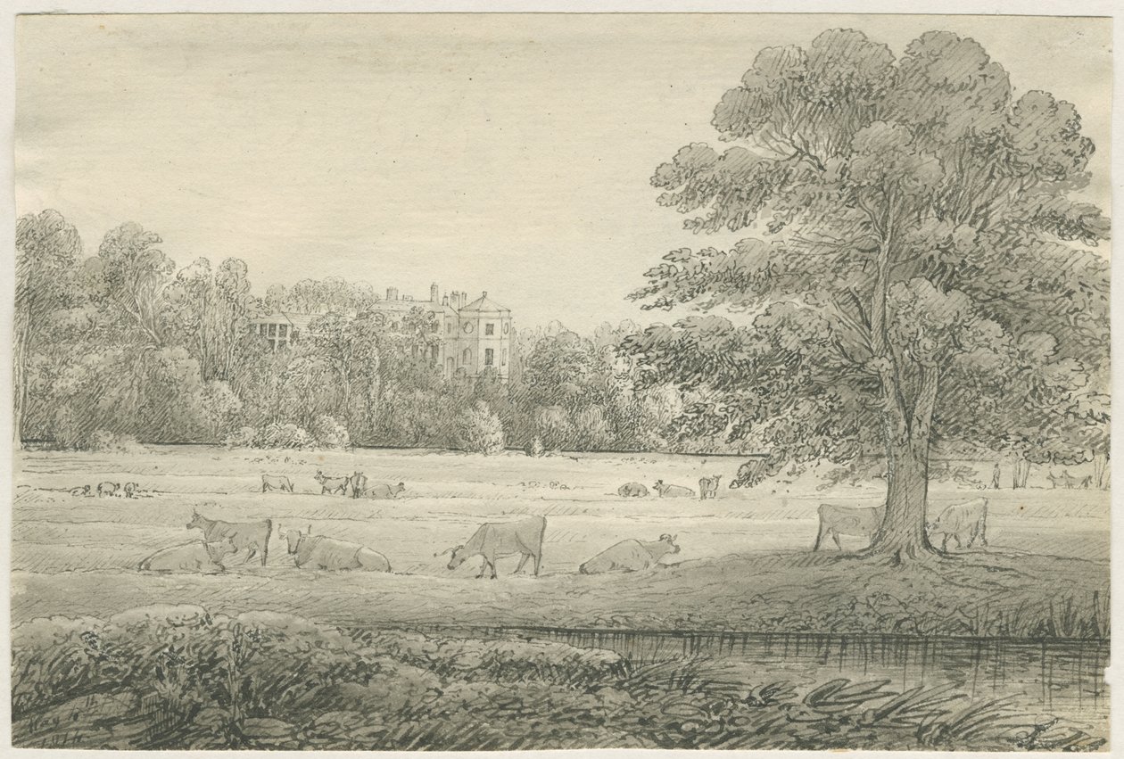Hagley Hall: desenho de caneta e lavagem, 4 de maio de 1814 de John Allport