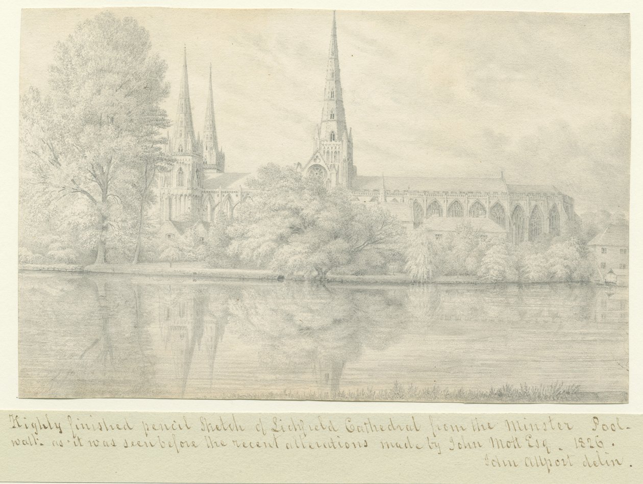 Catedral de Lichfield - Vista sudoeste: desenho a lápis de John Allport