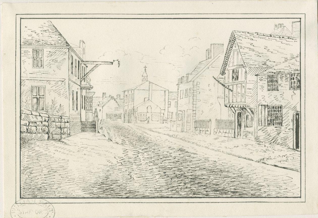 Rugeley Town - Ponte Wolseley para a Lichfield Road: desenho a caneta e tinta, nd [1814] de John Allport