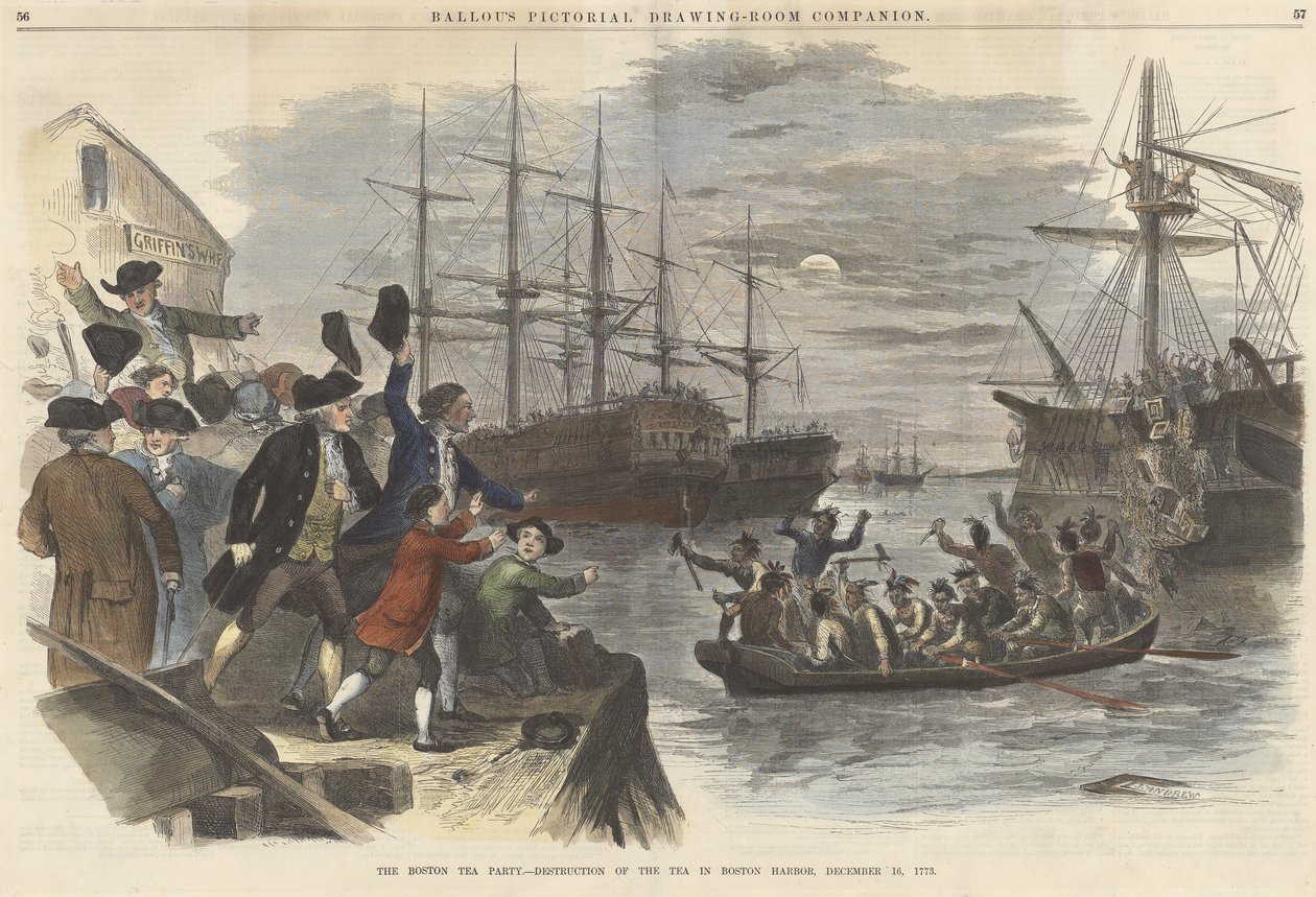 O tea party de Boston Destruição do Chá no Porto de Boston, em 16 de dezembro de 1773, do pub Ballous Pictorial Drawing-Room Companion. 1865 (gravura a cores) de John Andrew
