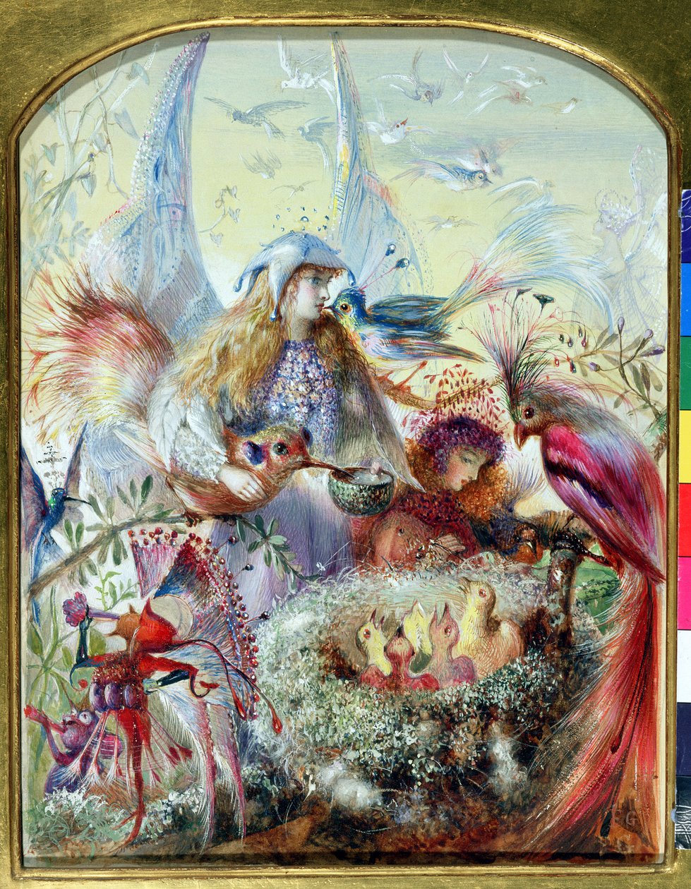 Fadas e Ninho de Pássaro (wc com bodycolour e goma arábica sobre papel) de John Anster Fitzgerald