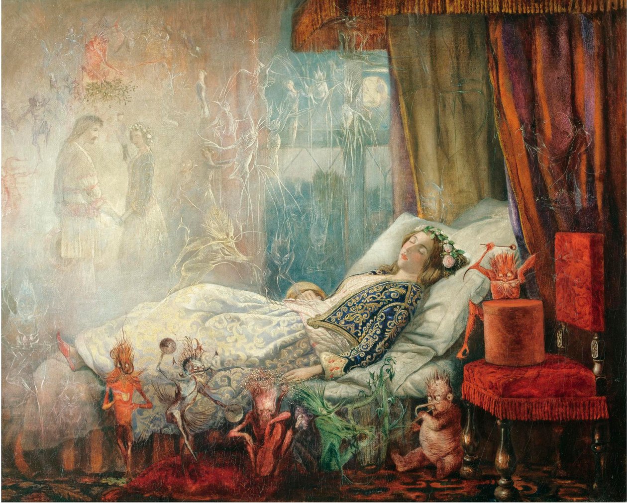 "Le reve apres le bal masque" (O sonho depois da bola mascarada) Peinture de John Anster Fitzgerald (1832-1906), - Óleo sobre tela, 35,5x44,5 - Colecção Privada de John Anster Fitzgerald